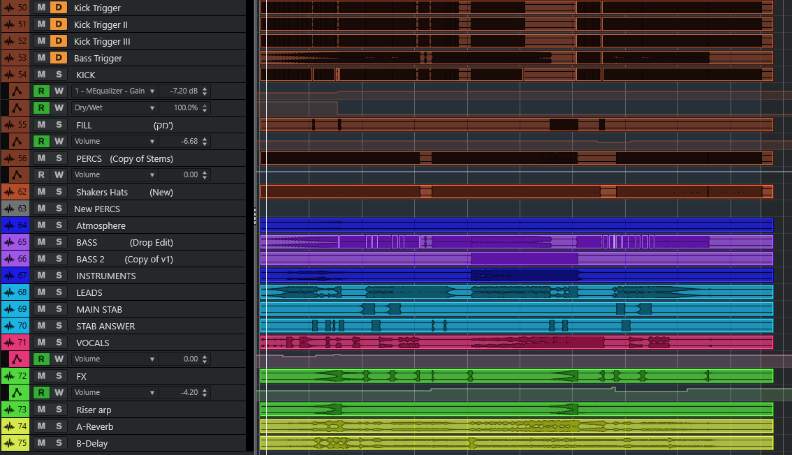 DAW session with properly named stems organized by category and color - Kick Trigger, KICK, FILL, PERCS, BASS, LEADS, VOCALS